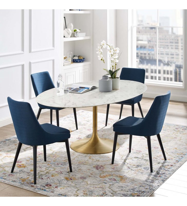 Lippa 78" Oval Artificial Marble Dining Table in Gold White - Lexmod