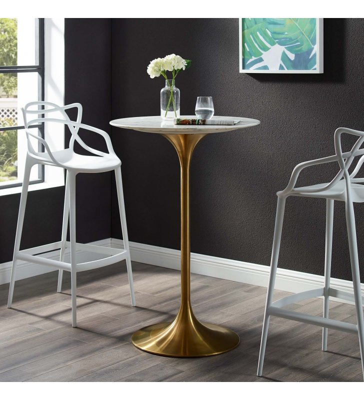 Lippa 28" Artificial Marble Bar Table in Gold White - Lexmod