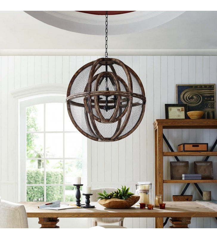 Gravitate Globe Rustic Oak Wood Pendant Light Chandelier - Lexmod