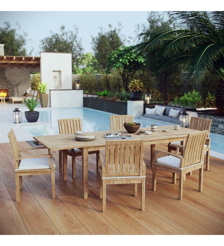 Marina 7 Piece Outdoor Patio Teak Dining Set in Natural White - Lexmod