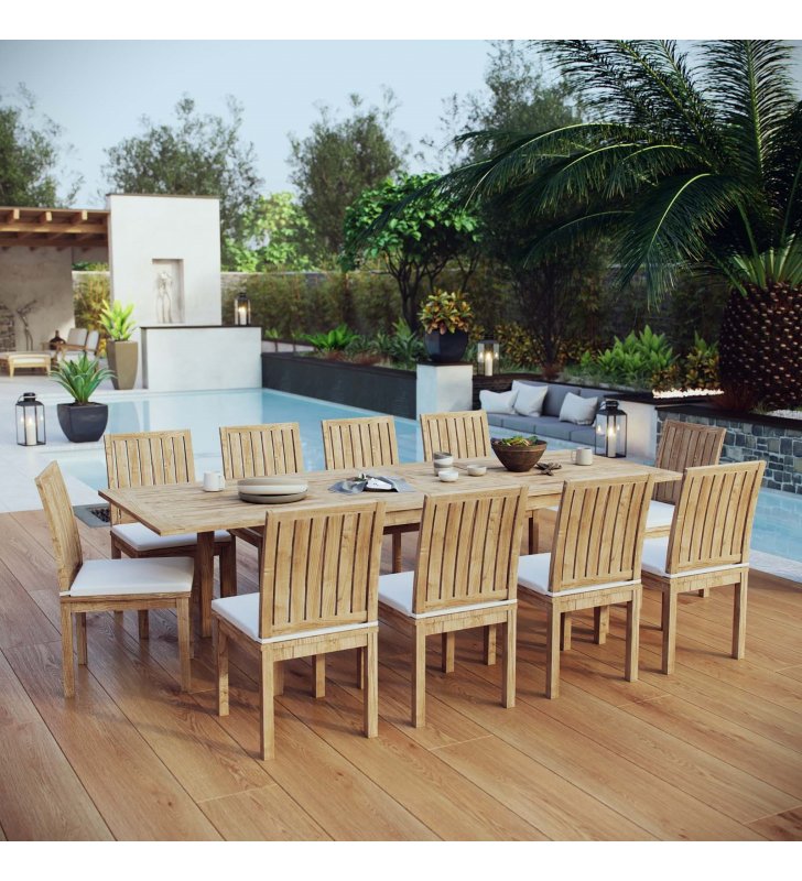 Marina 11 Piece Outdoor Patio Teak Dining Set in Natural White - Lexmod