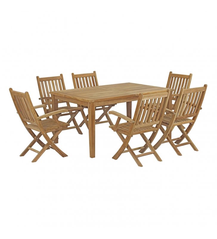 Marina 7 Piece Outdoor Patio Teak Dining Set in Natural - Lexmod