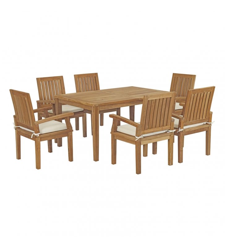 Marina 7 Piece Outdoor Patio Teak Dining Set in Natural White - Lexmod