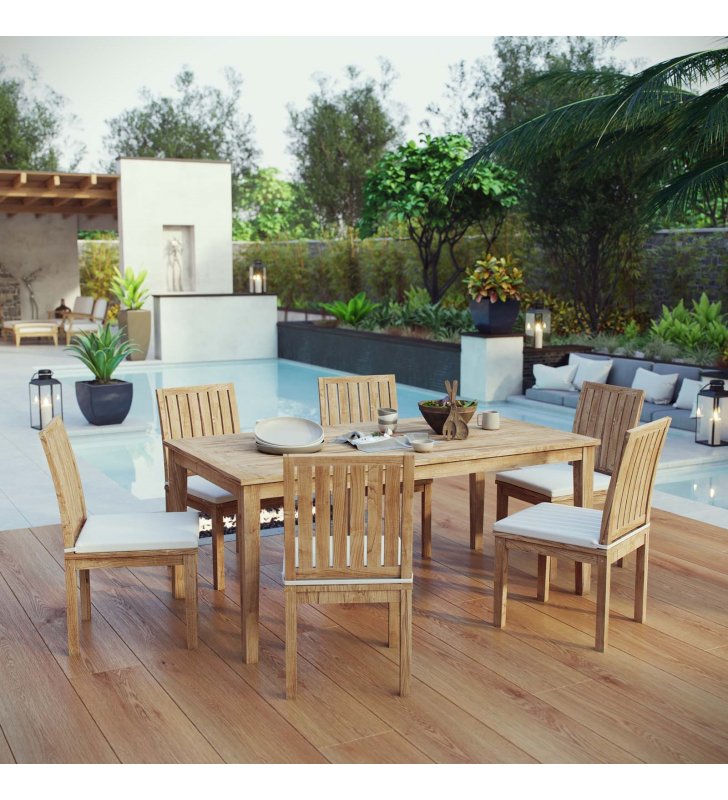Marina 7 Piece Outdoor Patio Teak Dining Set in Natural White - Lexmod
