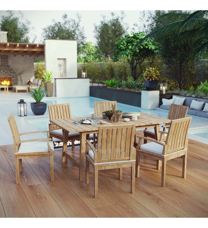 Marina 7 Piece Outdoor Patio Teak Dining Set in Natural White - Lexmod