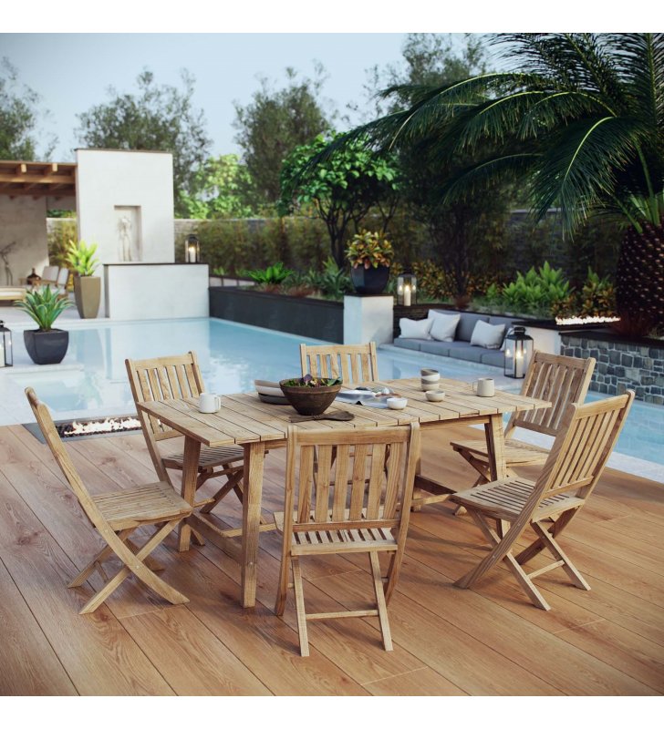 Marina 7 Piece Outdoor Patio Teak Dining Set in Natural - Lexmod