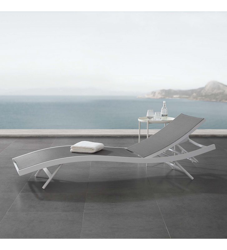 Glimpse Outdoor Patio Mesh Chaise Lounge Chair in White Gray - Lexmod