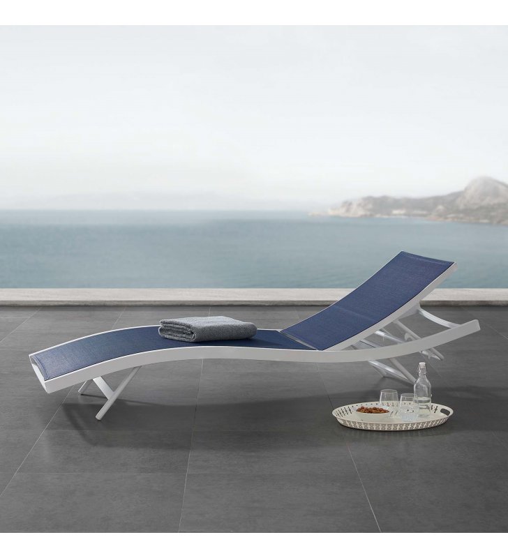 Glimpse Outdoor Patio Mesh Chaise Lounge Chair in White Navy - Lexmod