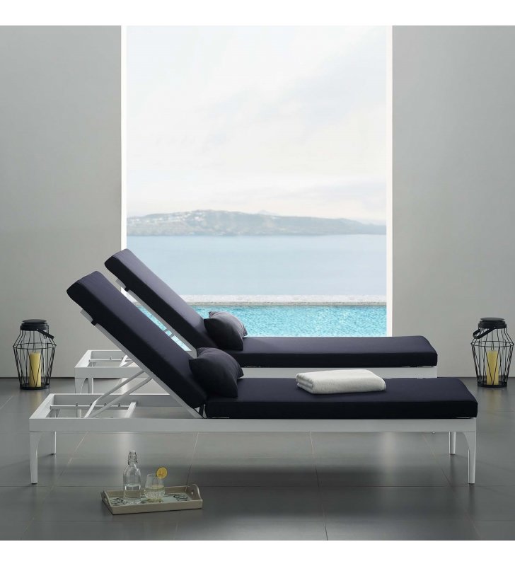 Perspective Cushion Outdoor Patio Chaise Lounge Chair in White Navy - Lexmod