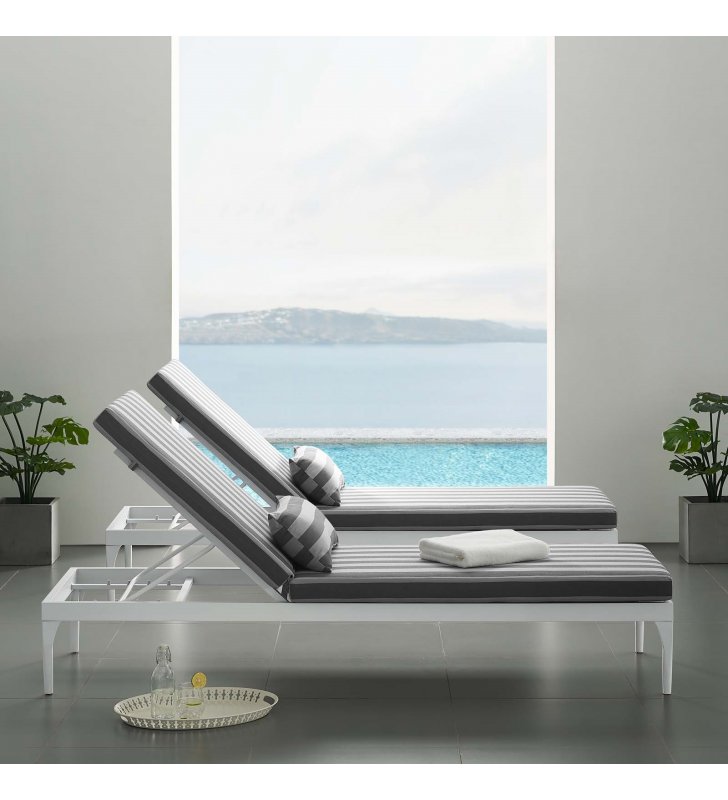 Perspective Cushion Outdoor Patio Chaise Lounge Chair in White Striped Gray - Lexmod