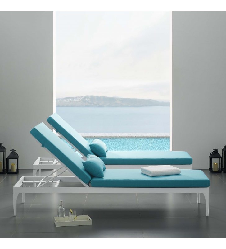 Perspective Cushion Outdoor Patio Chaise Lounge Chair in White Turquoise - Lexmod