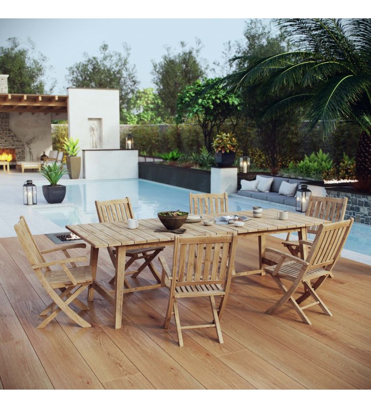Marina 7 Piece Outdoor Patio Teak Dining Set in Natural - Lexmod
