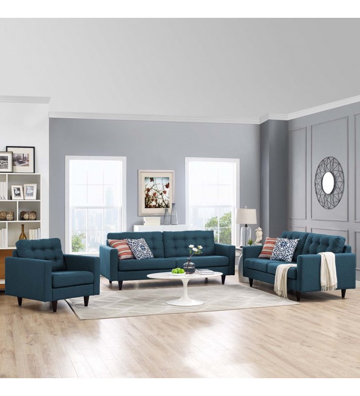 Empress Sofa, Loveseat and Armchair Set of 3 in Azure - Lexmod
