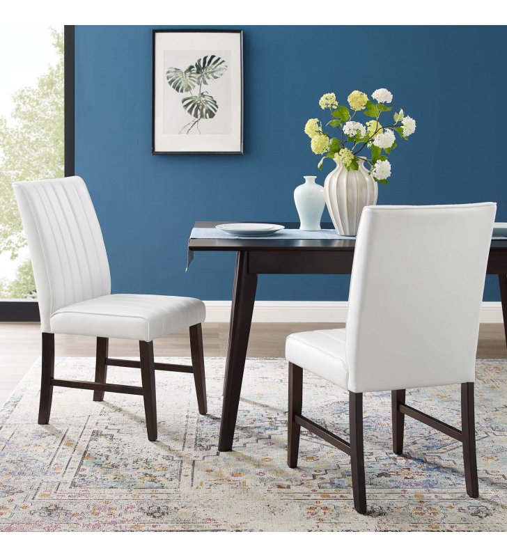 Motivate Channel Tufted Upholstered Faux Leather Dining Chair Set of 2 in White - Lexmod