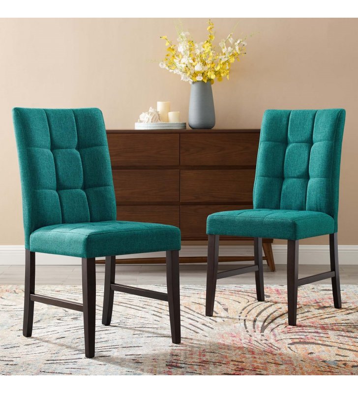 Promulgate Biscuit Tufted Upholstered Fabric Dining Chair Set of 2 in Teal - Lexmod