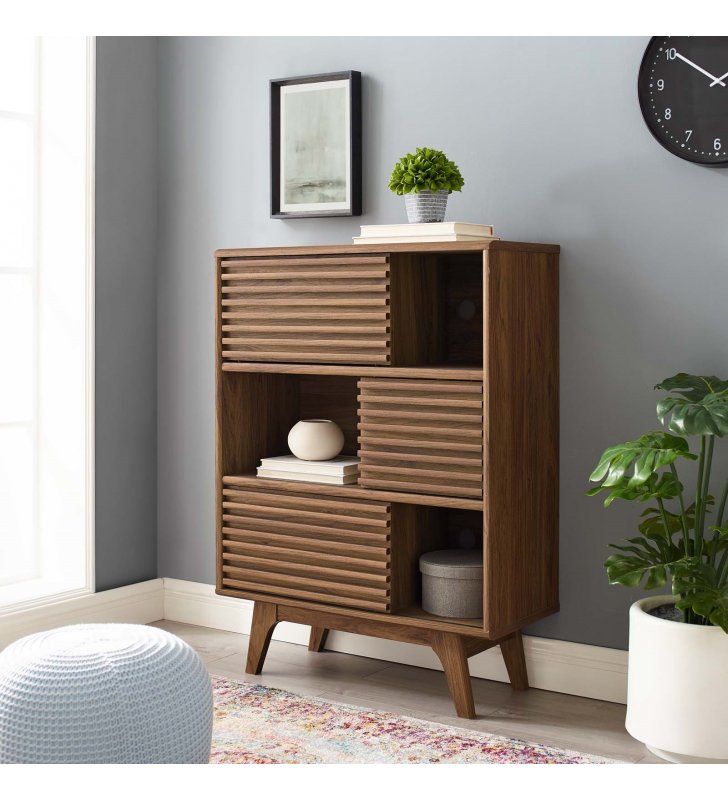 Render Three-Tier Display Storage Cabinet Stand in Walnut - Lexmod