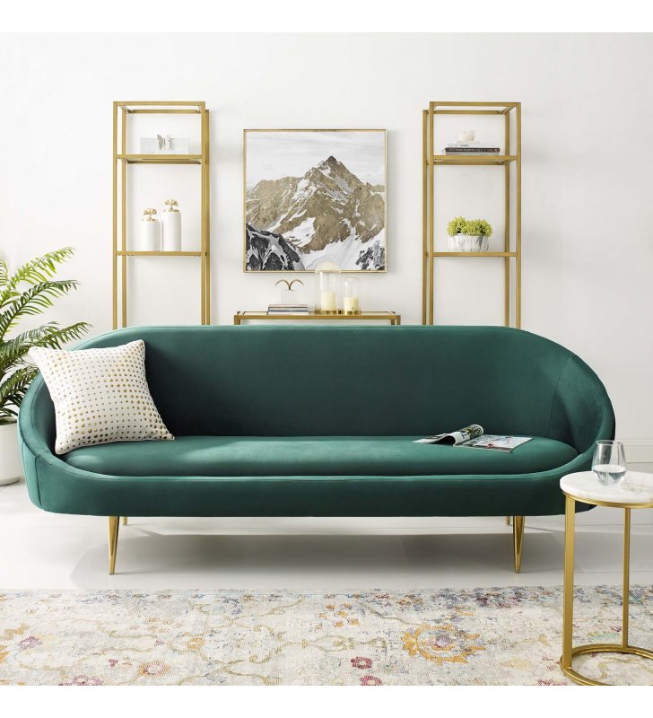Sublime Vertical Curve Back Performance Velvet Sofa in Green - Lexmod