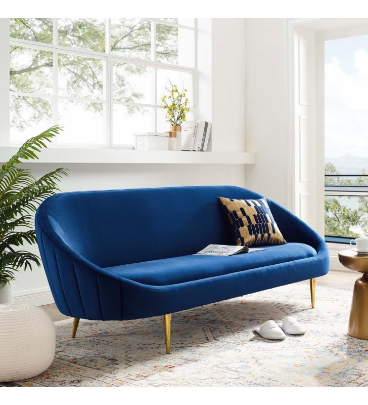 Sublime Vertical Curve Back Performance Velvet Sofa in Navy - Lexmod