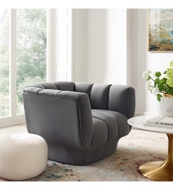 Entertain Vertical Channel Tufted Performance Velvet Armchair in Gray - Lexmod