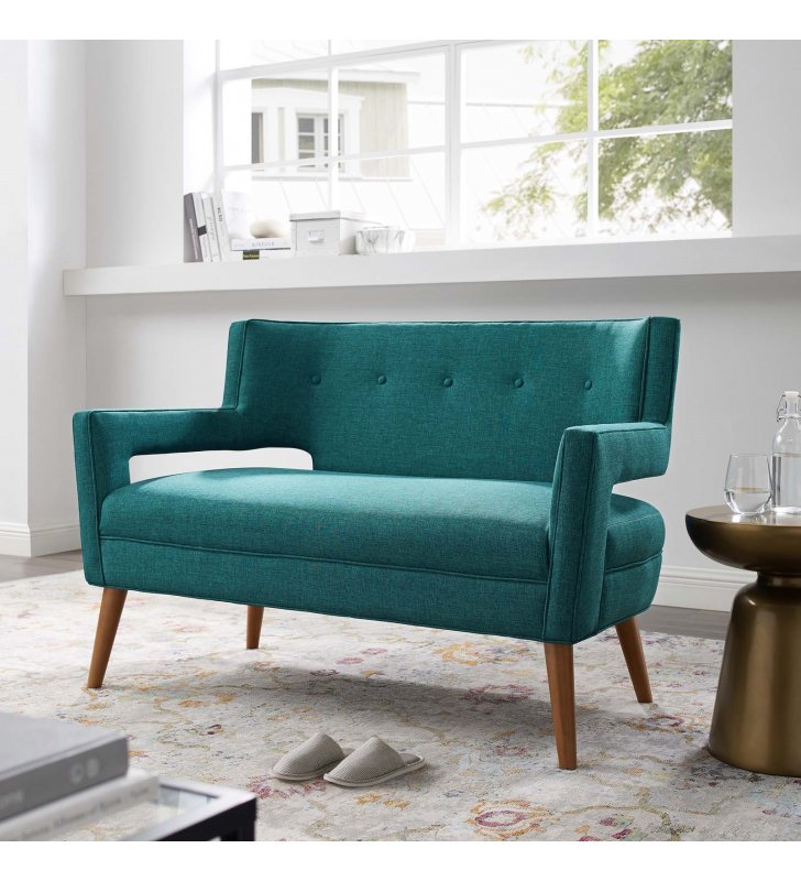 Sheer Upholstered Fabric Loveseat in Teal - Lexmod
