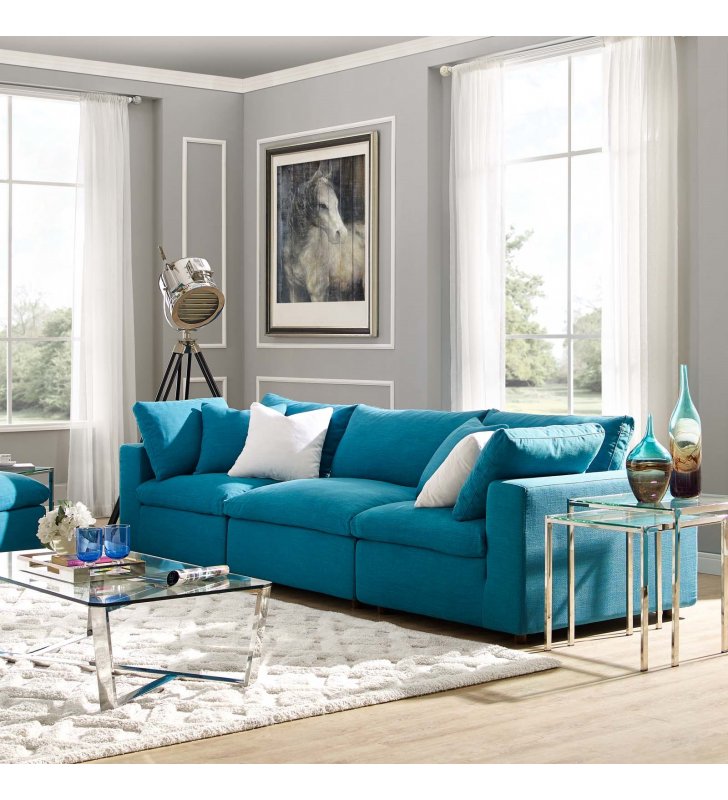 Commix Down Filled Overstuffed 3 Piece Sectional Sofa Set in Teal - Lexmod