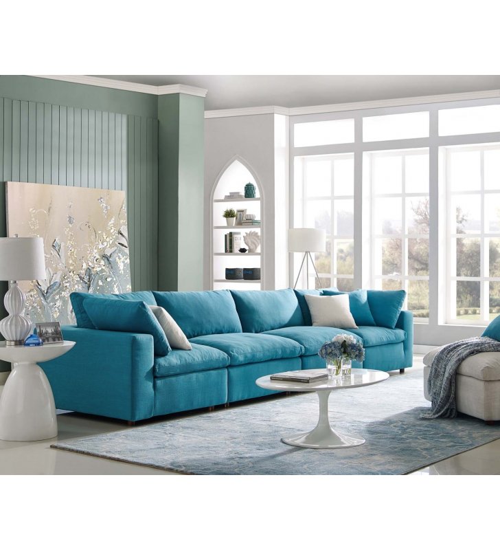 Commix Down Filled Overstuffed 4 Piece Sectional Sofa Set in Teal - Lexmod
