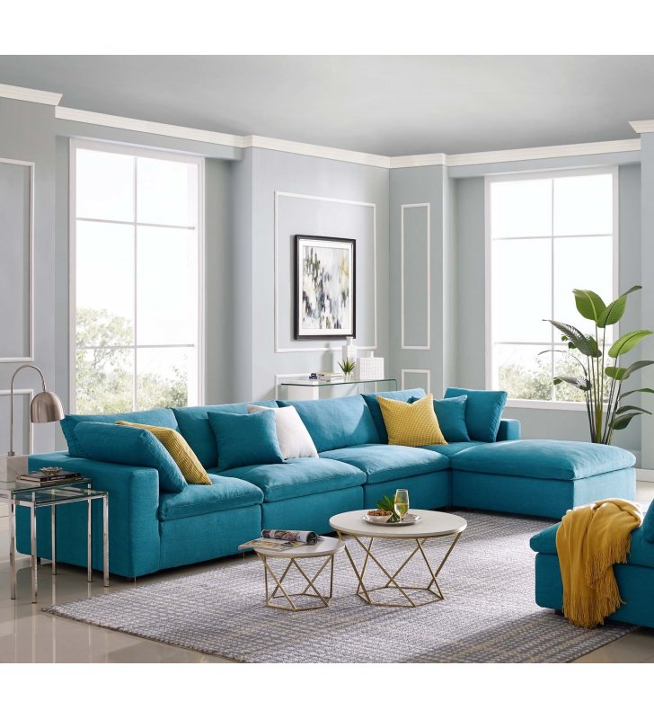 Commix Down Filled Overstuffed 5 Piece Sectional Sofa Set in Teal - Lexmod