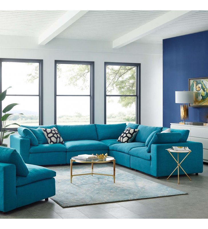 Commix Down Filled Overstuffed 5 Piece Sectional Sofa Set in Teal - Lexmod