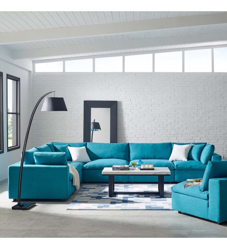 Commix Down Filled Overstuffed 6 Piece Sectional Sofa Set in Teal - Lexmod