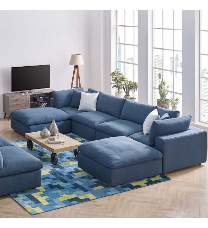 Commix Down Filled Overstuffed 6 Piece Sectional Sofa Set in Azure - Lexmod