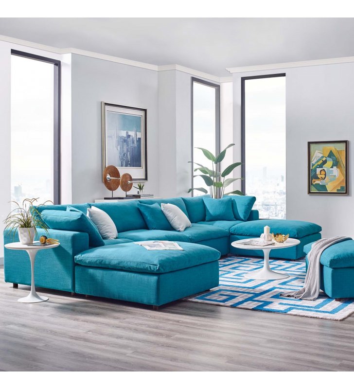 Commix Down Filled Overstuffed 6 Piece Sectional Sofa Set in Teal - Lexmod