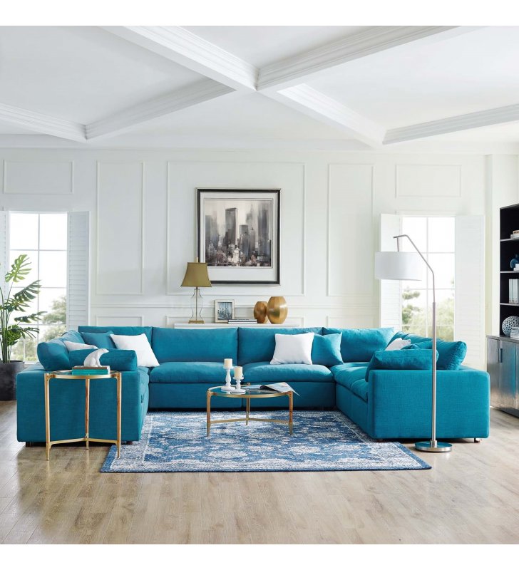 Commix Down Filled Overstuffed 8 Piece Sectional Sofa Set in Teal - Lexmod