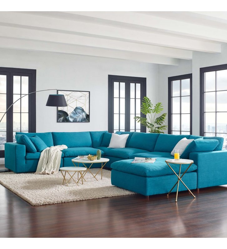 Commix Down Filled Overstuffed 7 Piece Sectional Sofa Set in Teal - Lexmod