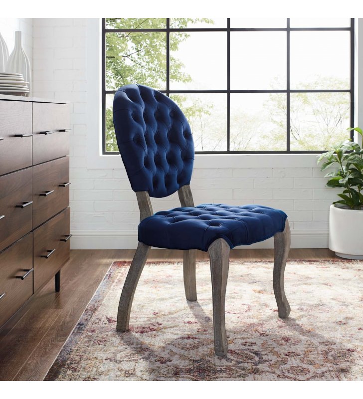 Exhibit French Vintage Dining Performance Velvet Side Chair in Navy - Lexmod