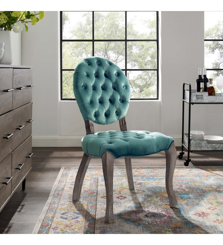 Exhibit French Vintage Dining Performance Velvet Side Chair in Teal - Lexmod