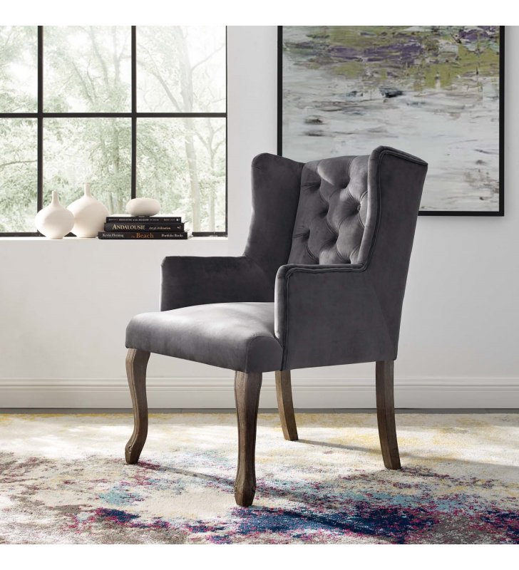 Realm French Vintage Dining Performance Velvet Armchair in Gray - Lexmod