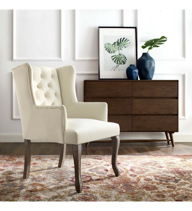 Realm French Vintage Dining Performance Velvet Armchair in Ivory - Lexmod
