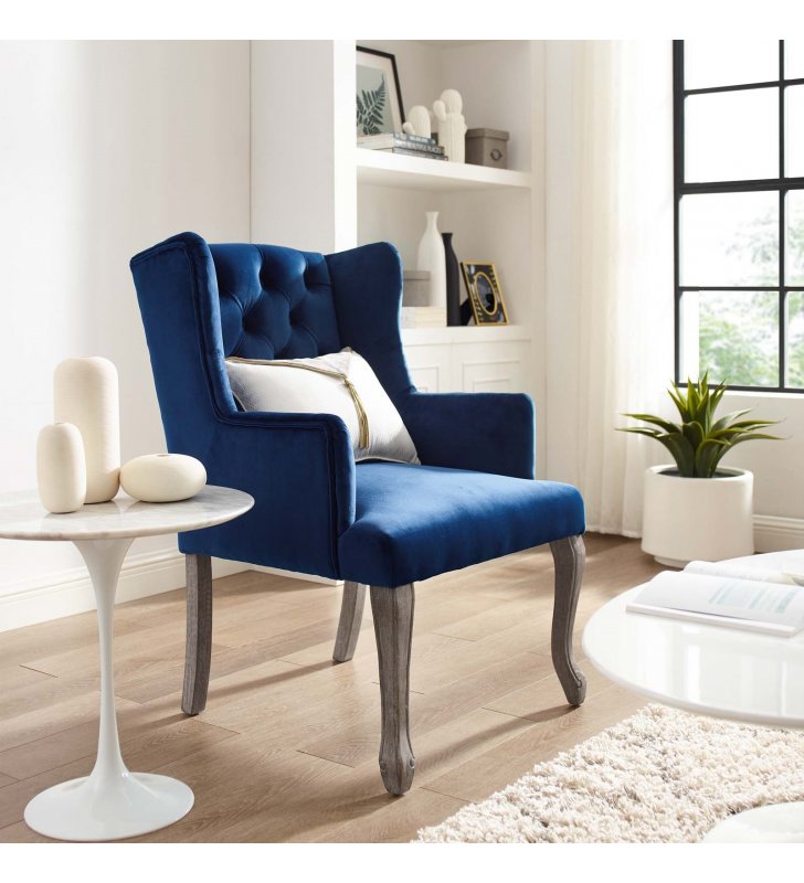 Realm French Vintage Dining Performance Velvet Armchair in Navy - Lexmod