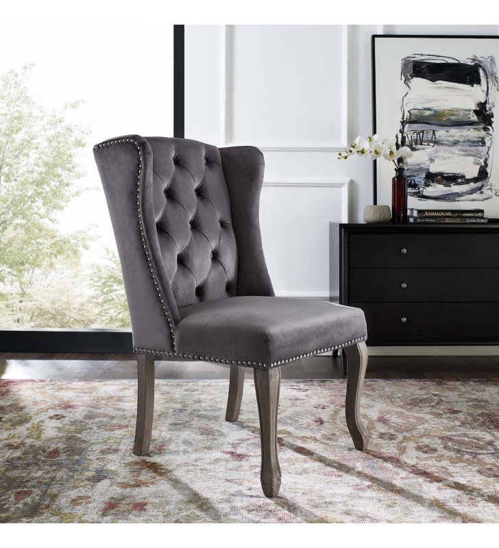 Apprise French Vintage Dining Performance Velvet Side Chair in Gray - Lexmod