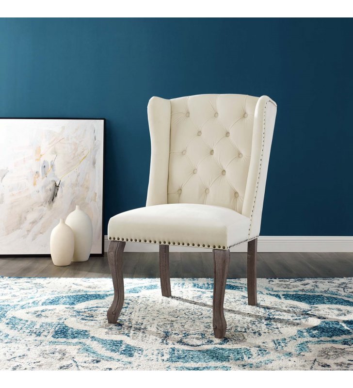 Apprise French Vintage Dining Performance Velvet Side Chair in Ivory - Lexmod