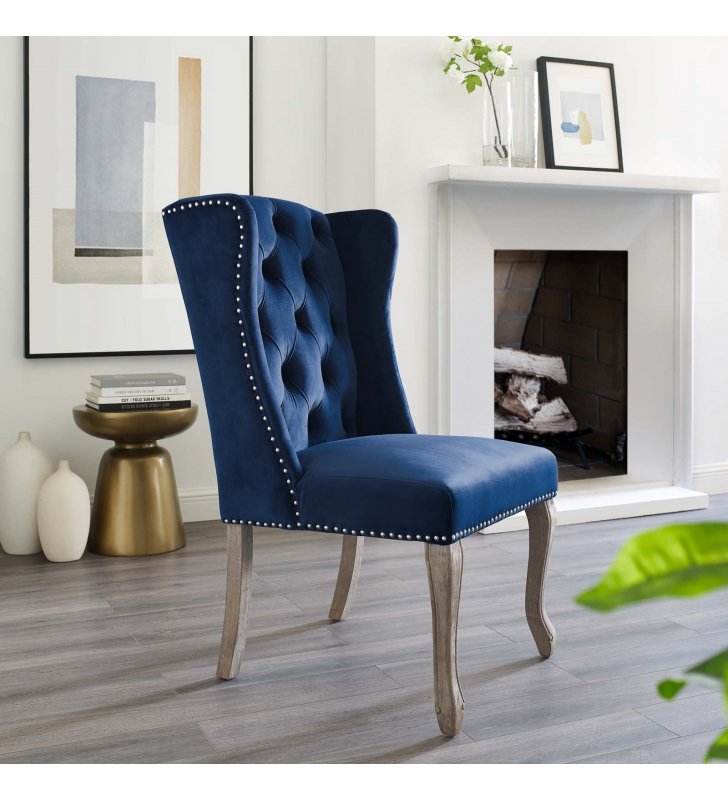 Apprise French Vintage Dining Performance Velvet Side Chair in Navy - Lexmod