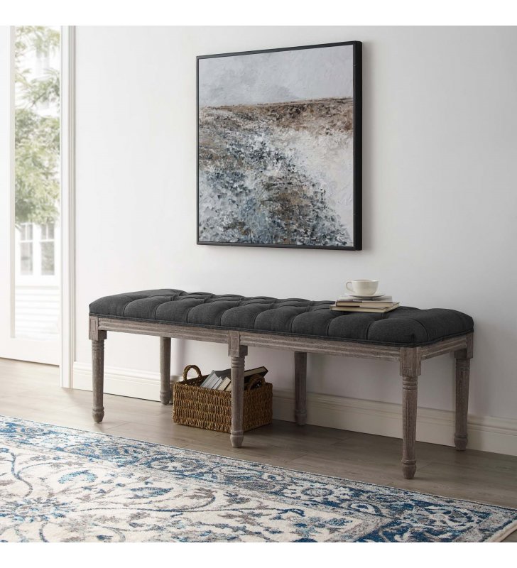 Province French Vintage Upholstered Fabric Bench in Gray - Lexmod