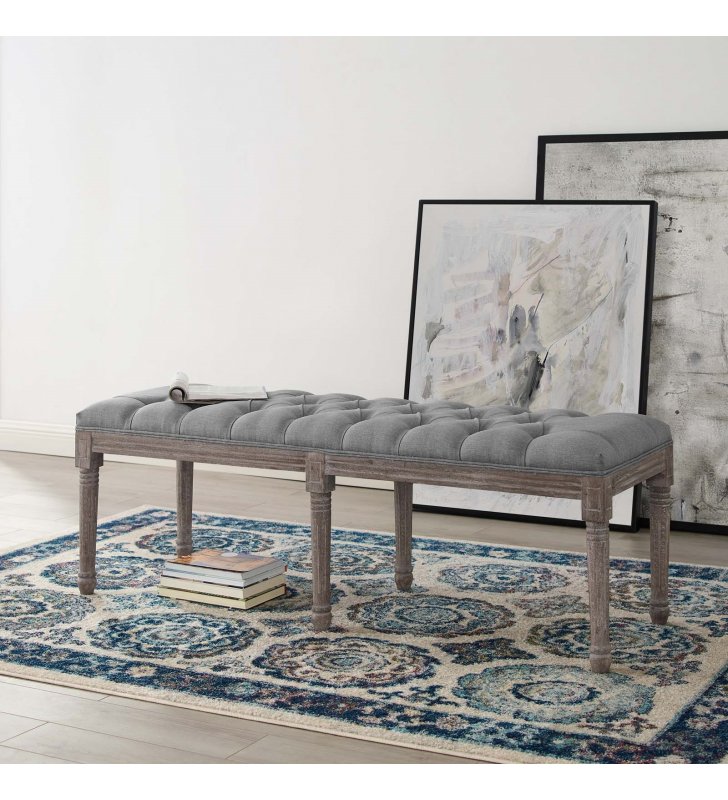 Province French Vintage Upholstered Fabric Bench in Light Gray - Lexmod
