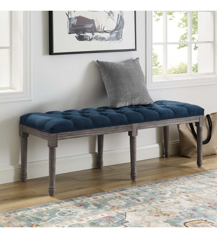 Province French Vintage Upholstered Fabric Bench in Navy - Lexmod