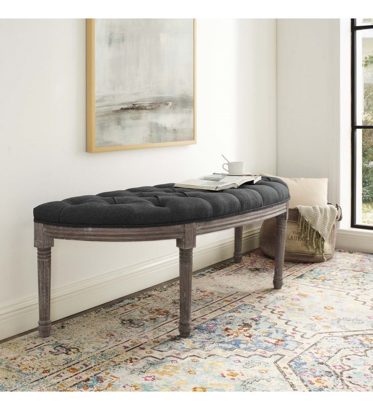 Esteem Vintage French Upholstered Fabric Semi-Circle Bench in Gray - Lexmod