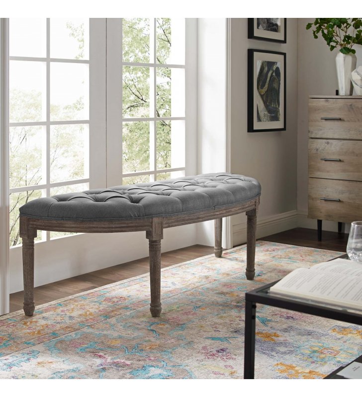 Esteem Vintage French Upholstered Fabric Semi-Circle Bench in Light Gray - Lexmod