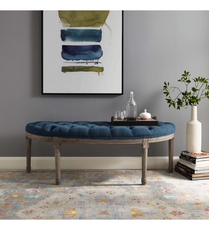 Esteem Vintage French Upholstered Fabric Semi-Circle Bench in Navy - Lexmod