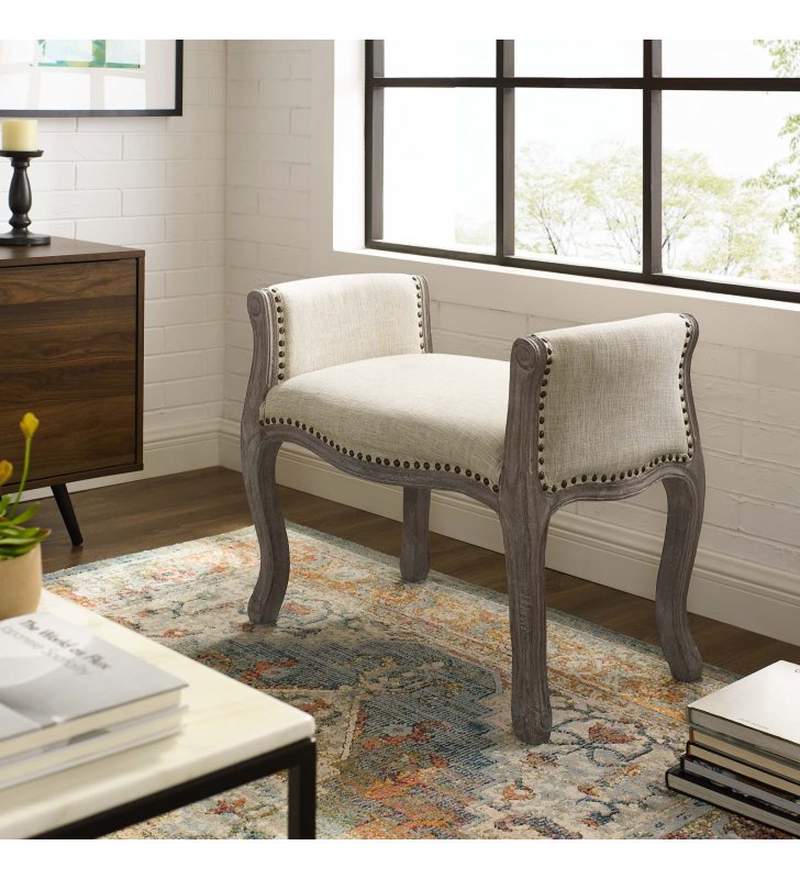 Avail Vintage French Upholstered Fabric Bench in Beige - Lexmod