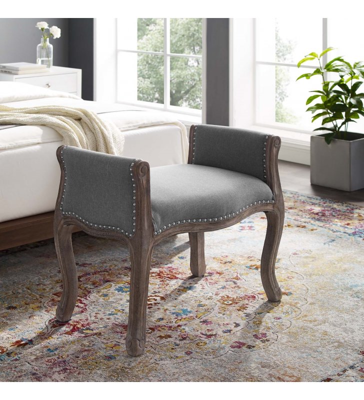 Avail Vintage French Upholstered Fabric Bench in Light Gray - Lexmod