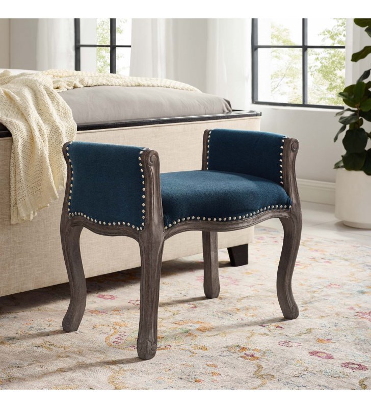 Avail Vintage French Upholstered Fabric Bench in Navy - Lexmod